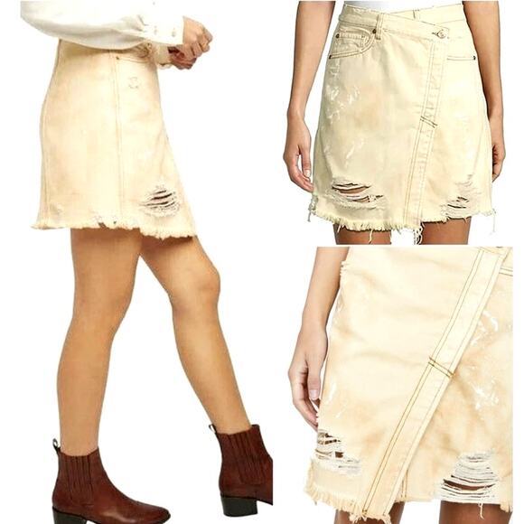 Free People Parker Wrap Denim Mini Skirt Butter Cream - Picture 2 of 16
